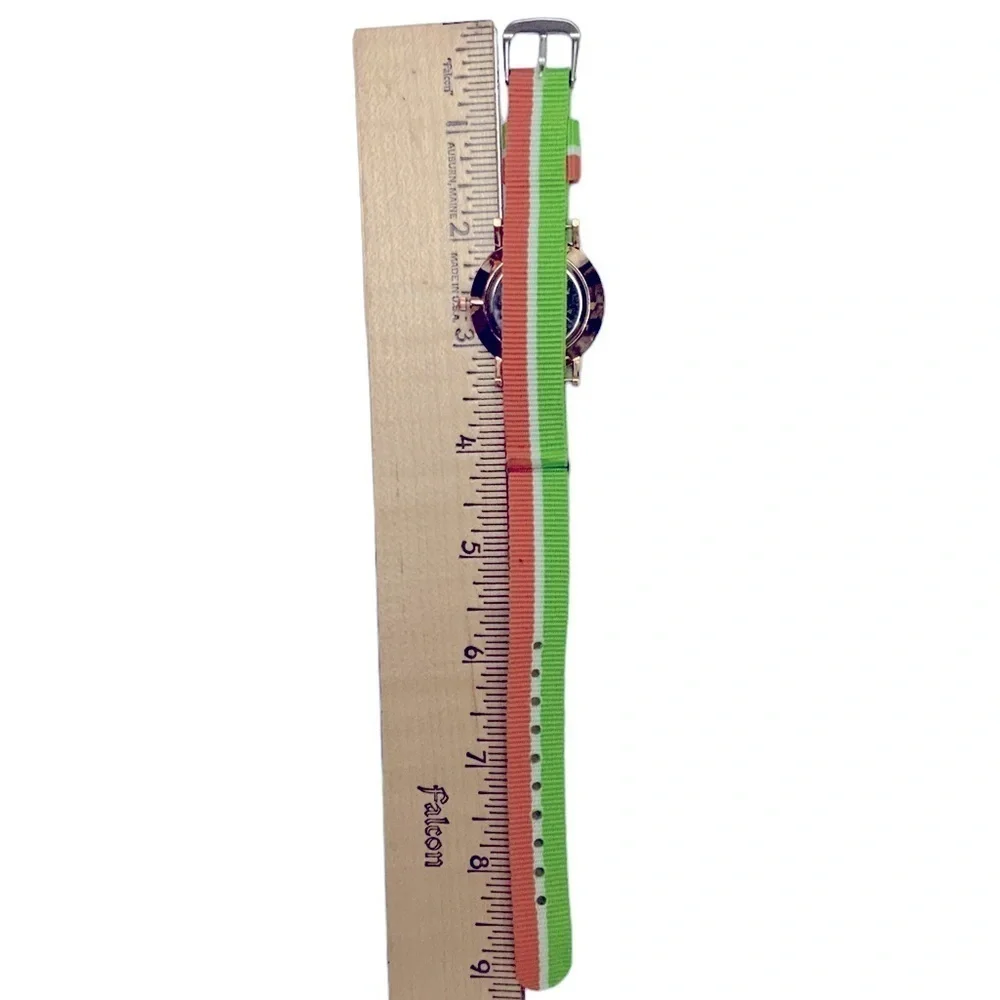 Watch Women’s Analog Round  Preppy Stripe Canvas Buckle Band Green Coral